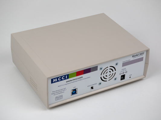 Rear view of Model 2602 Display Capture Tester, showing USB 3 device conection, boot control button, fan port, and power connector.