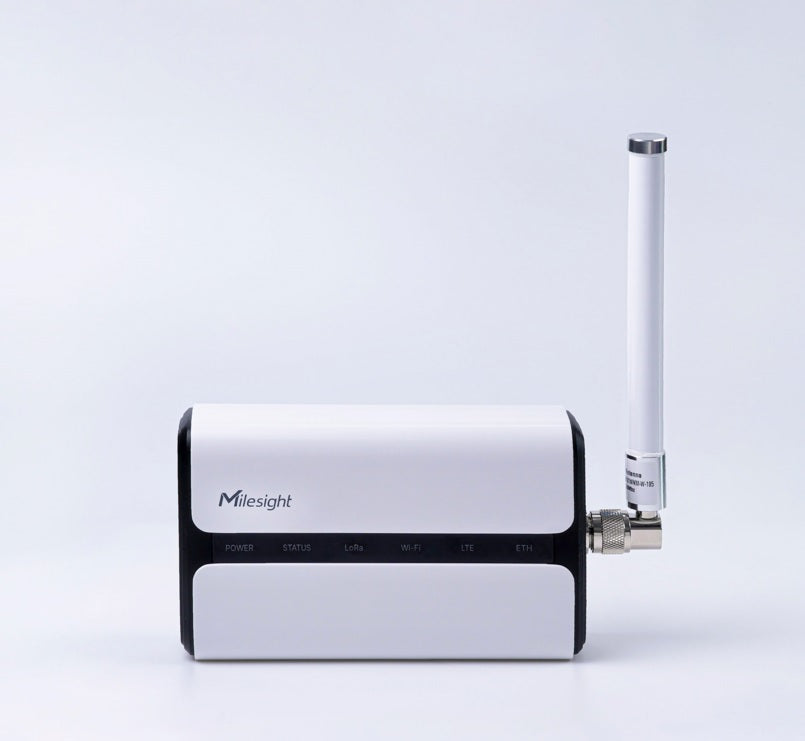 Milesight UG65 Gateway, side view showing main enclosure and external antenna.