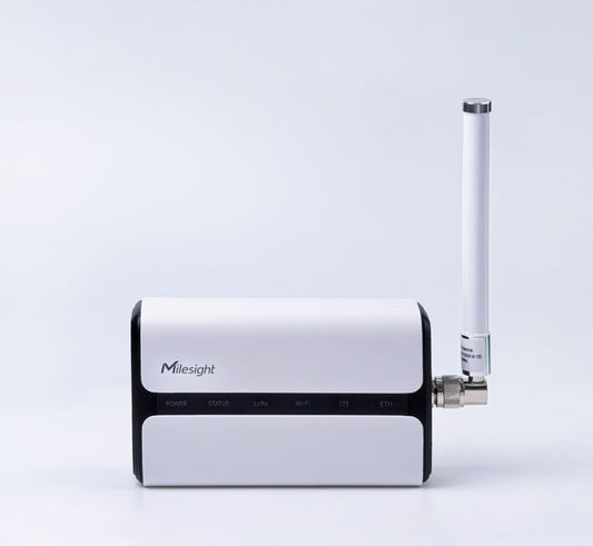 Milesight UG65 Gateway, side view showing main enclosure and external antenna.