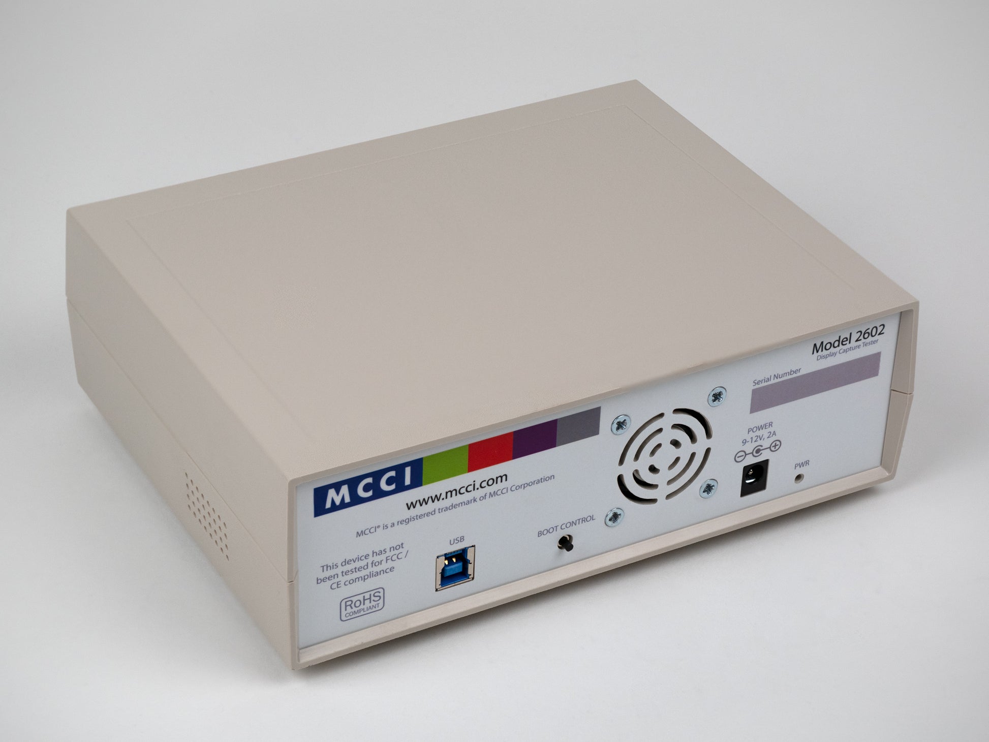Rear view of Model 2602 Display Capture Tester, showing USB 3 device conection, boot control button, fan port, and power connector.