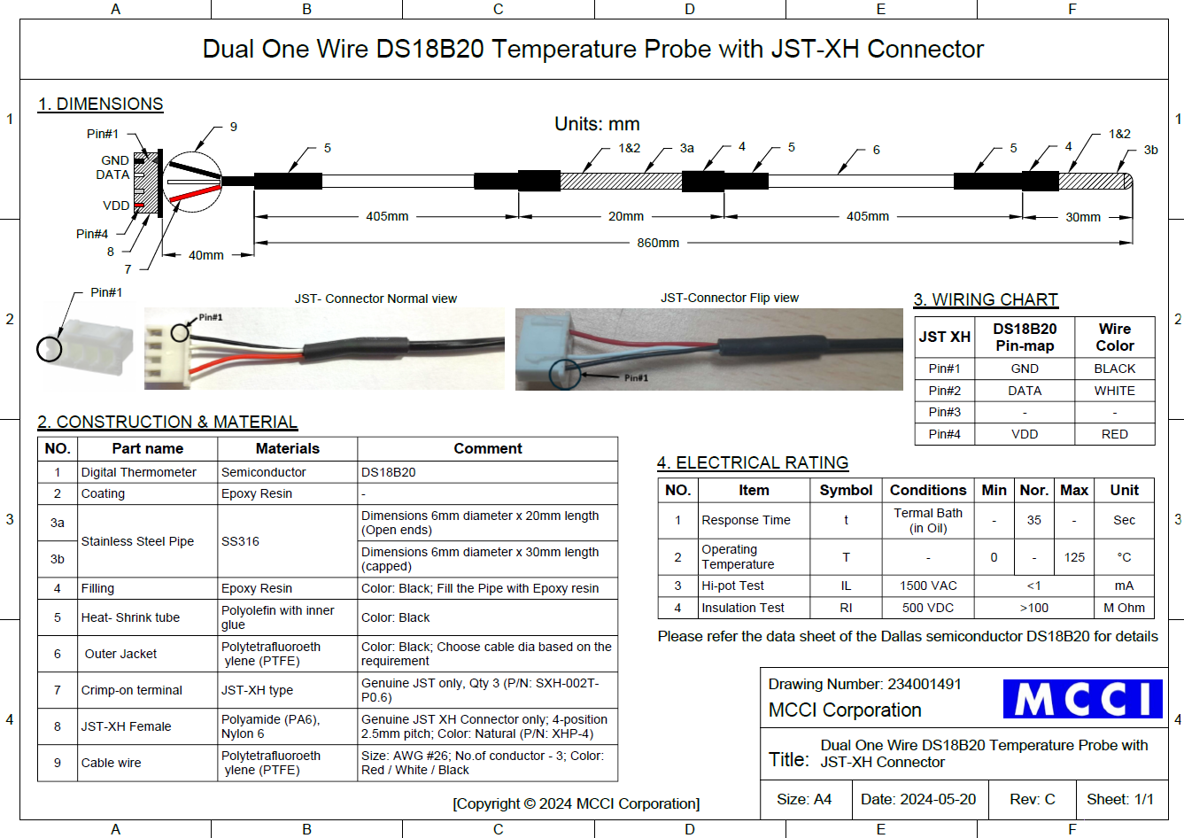 MCCI Dual One Wire DS18B20 Temperature Sensor 3ft Probe with JST-XH