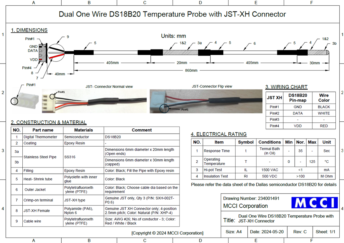 MCCI Dual One Wire DS18B20 Temperature Sensor 3ft Probe with JST-XH