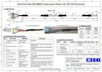 MCCI Dual One Wire DS18B20 Temperature Sensor 3ft Probe with JST-XH