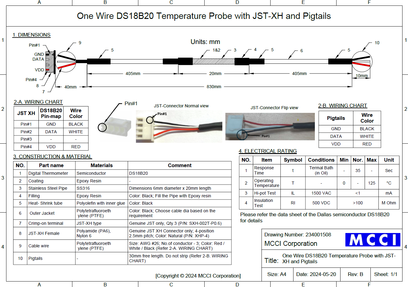 MCCI One Wire DS18B20 Temperature Sensor 3ft Probe with JST-XH and Pigtail