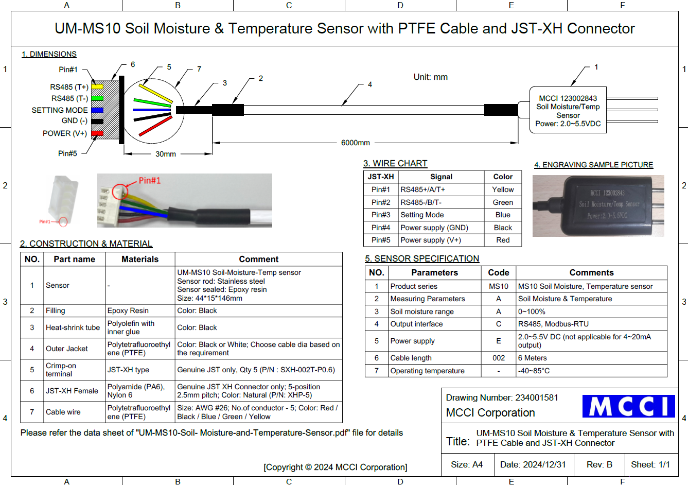 MCCI MS10 Soil Moisture and Temperature Sensor 6-meter Probe