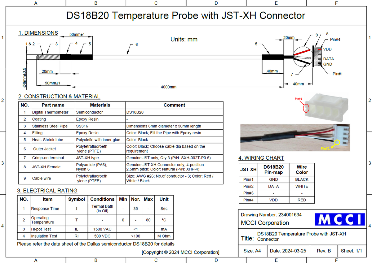 MCCI One Wire DS18B20 Temperature Sensor 4-meter Probe