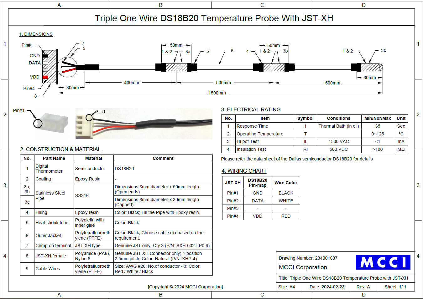MCCI Triple One Wire DS18B20 Temperature Sensor 1.5-meter Probe