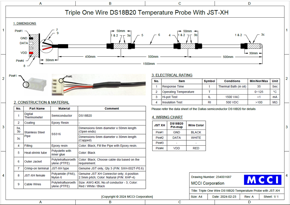 MCCI Triple One Wire DS18B20 Temperature Sensor 1.5-meter Probe