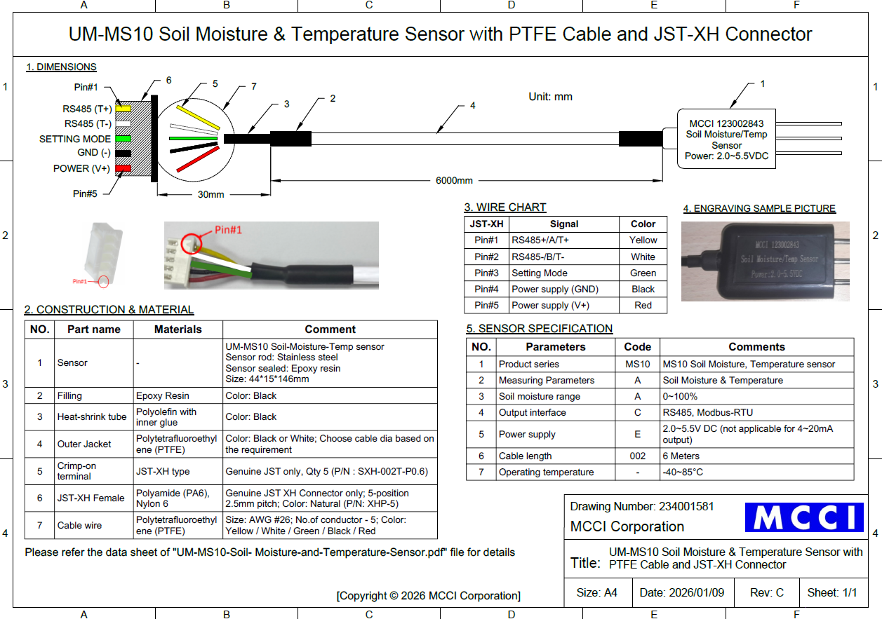 MCCI MS10 Soil Moisture and Temperature Sensor 6-meter Probe